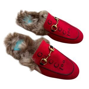GUCCI Princetwon Horsebit Mule with Fur Gucci 100 Red Size 7